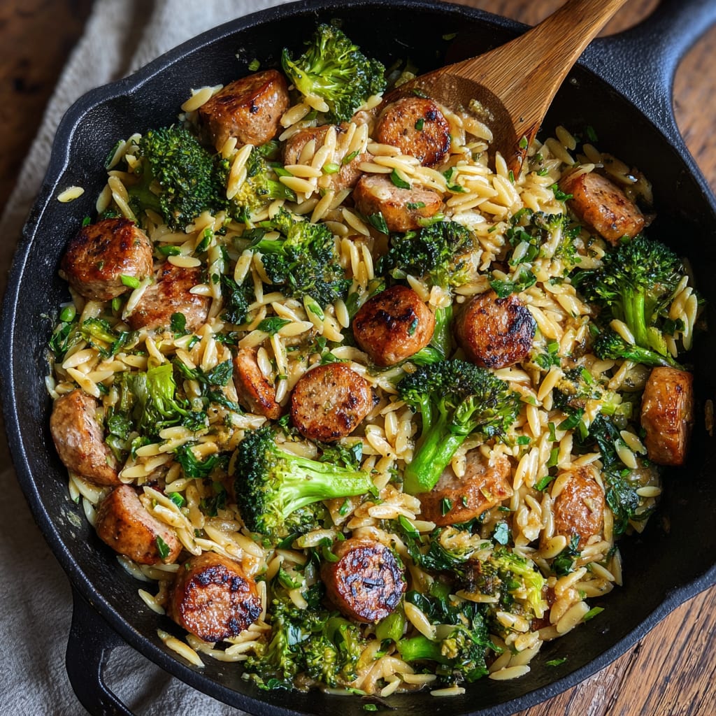 Chicken Sausage, Broccoli, and Orzo Skillet