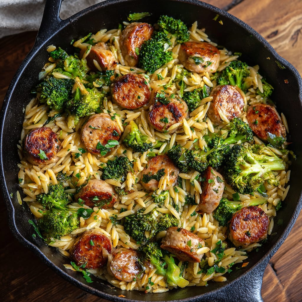 Chicken Sausage, Broccoli, and Orzo Skillet