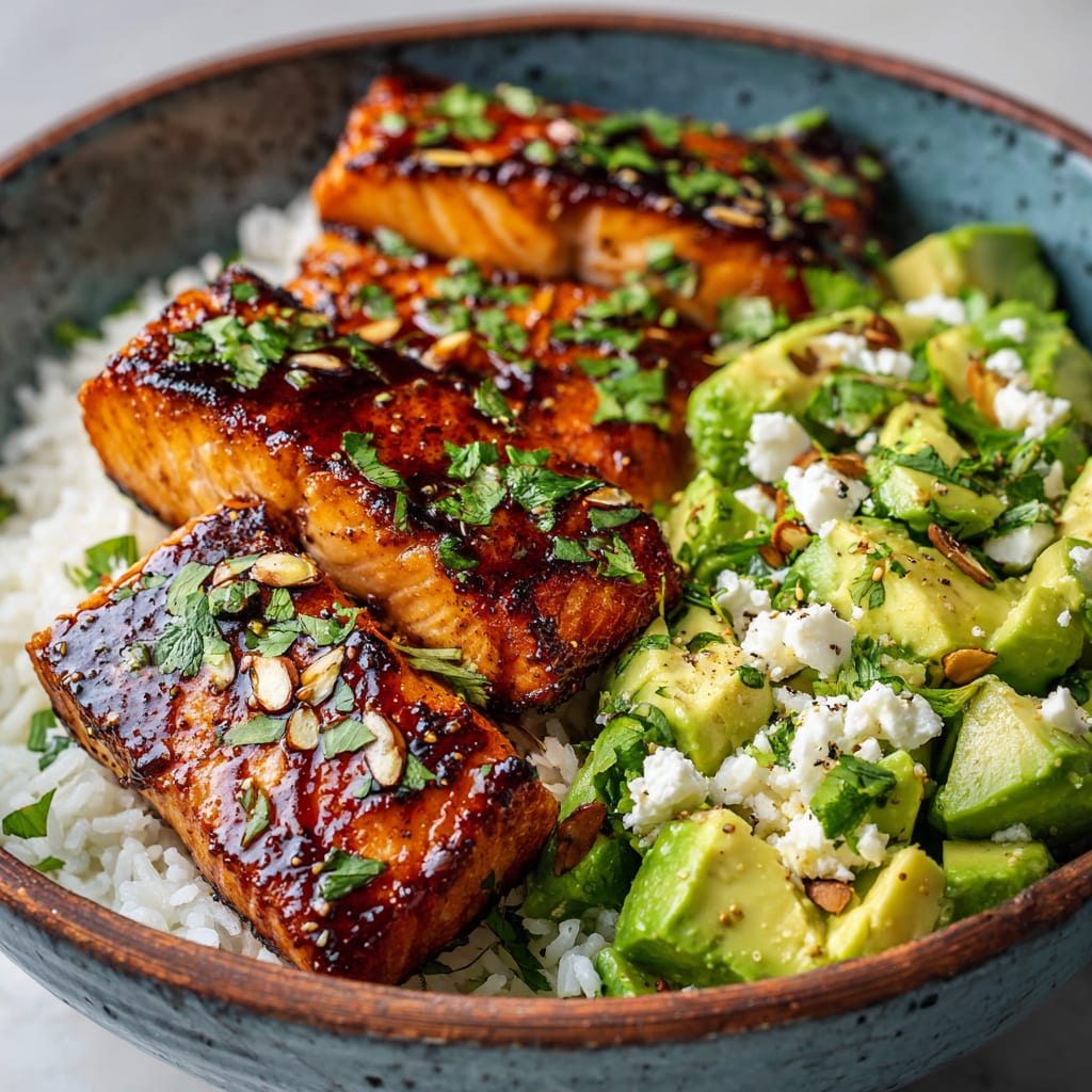 Chipotle Glazed Salmon Bowl with Avocado Feta Salad