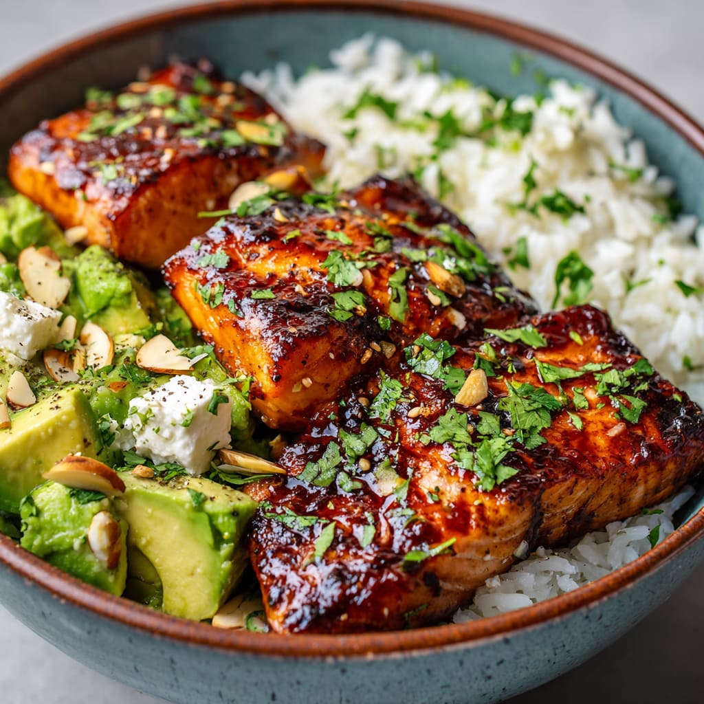 Chipotle Glazed Salmon Bowl with Avocado Feta Salad