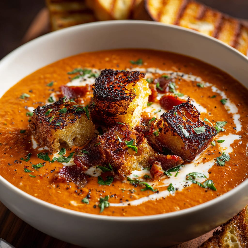 Creamy Tomato Bisque with Grilled Cheese Croutons