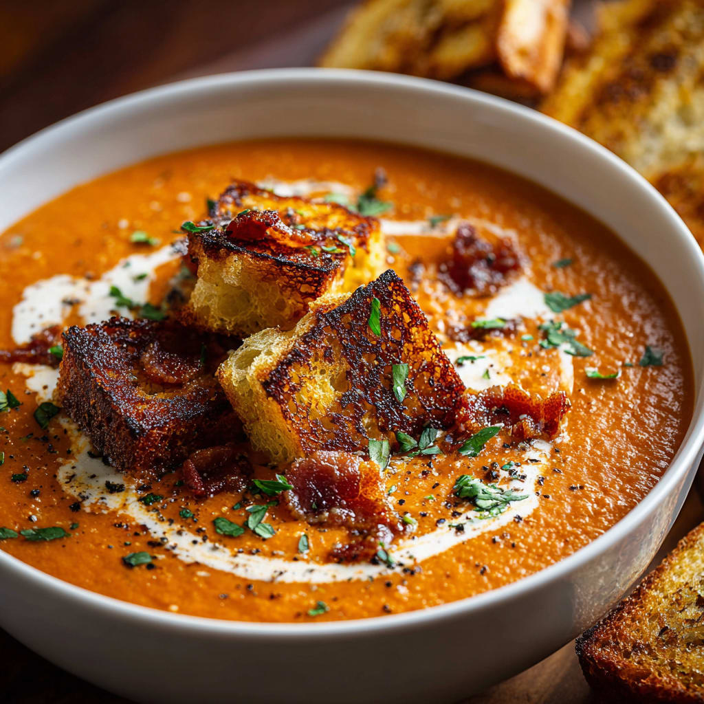 Creamy Tomato Bisque with Grilled Cheese Croutons