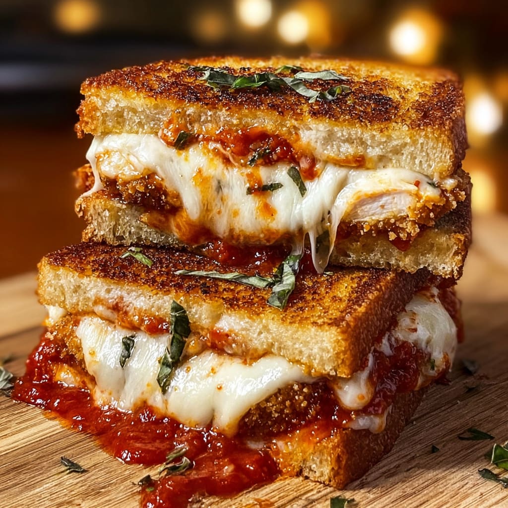 Crispy Chicken Parmesan Grilled Cheese with Mozzarella and Marinara