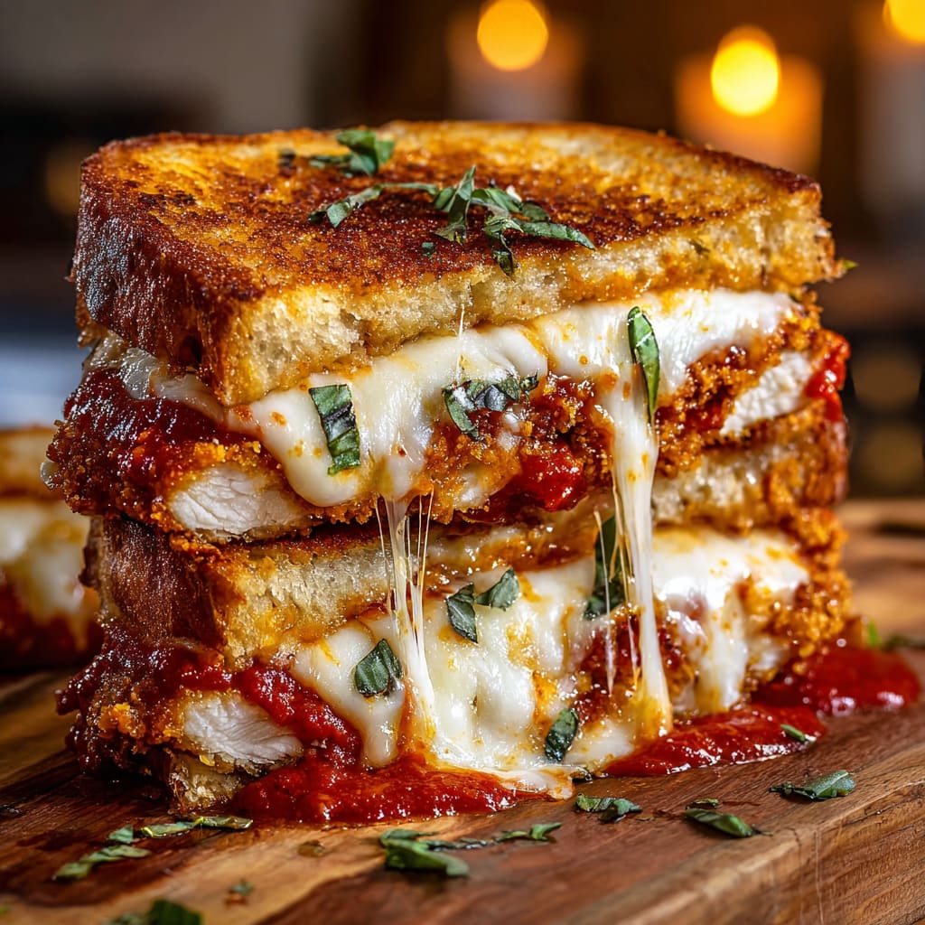 Crispy Chicken Parmesan Grilled Cheese with Mozzarella and Marinara