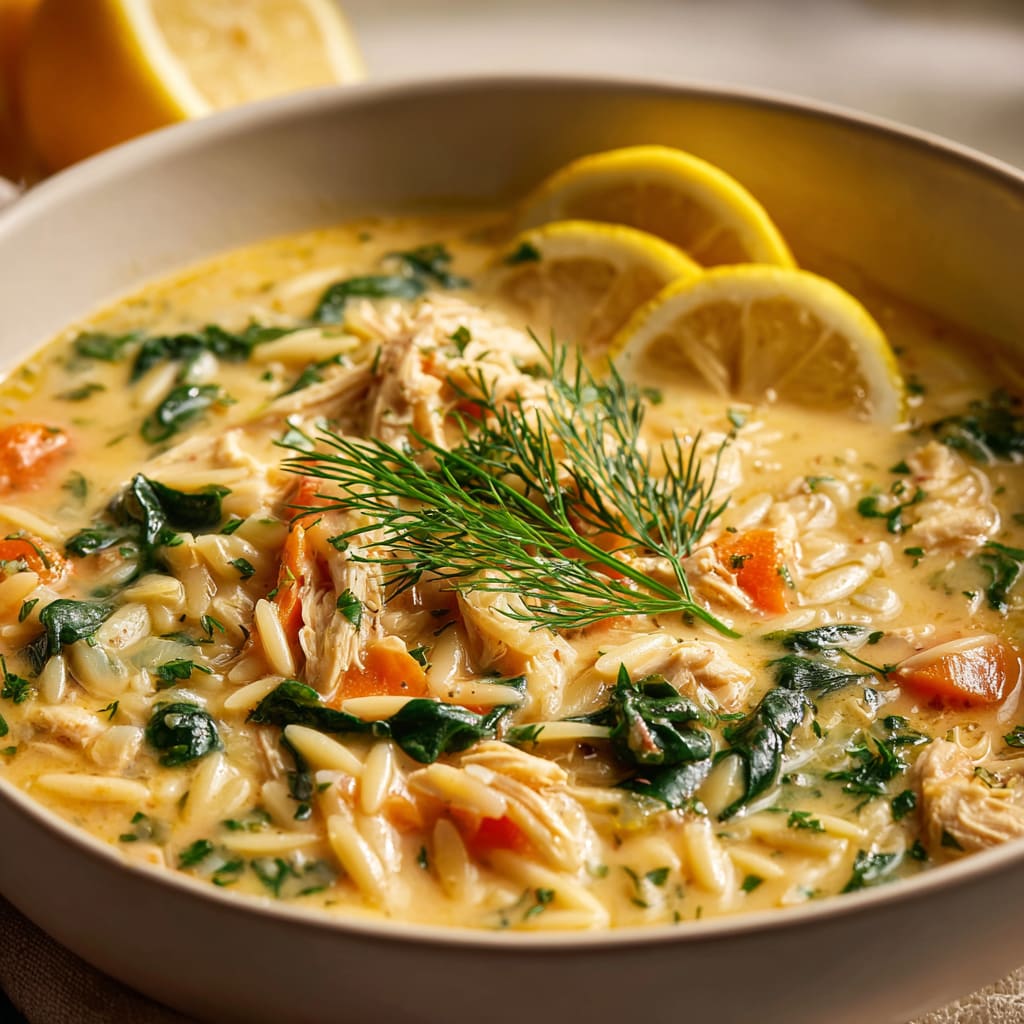 Crockpot Creamy Lemon Chicken Orzo Soup
