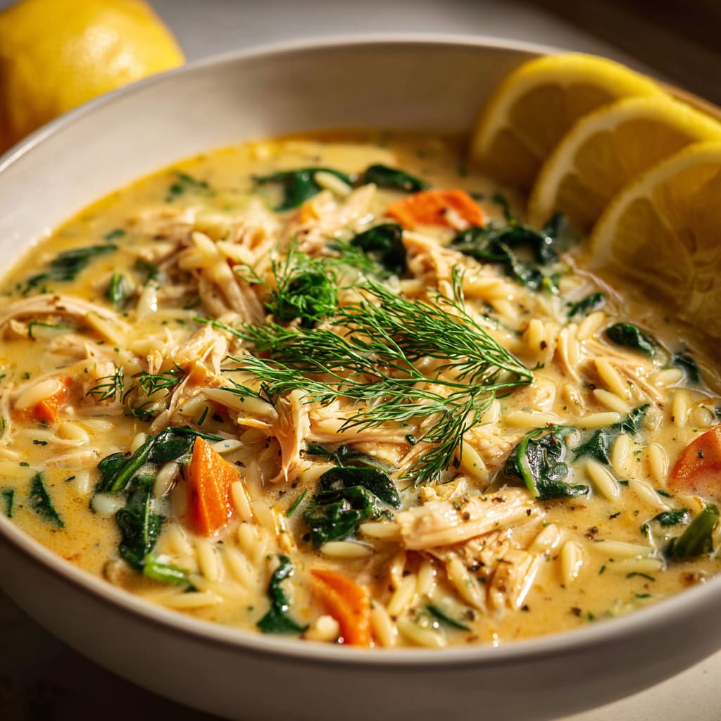 Crockpot Creamy Lemon Chicken Orzo Soup