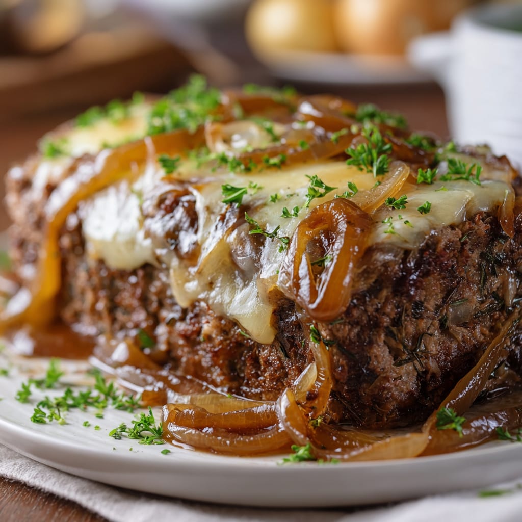Crockpot French Onion Meatloaf and Melted Swiss Cheese