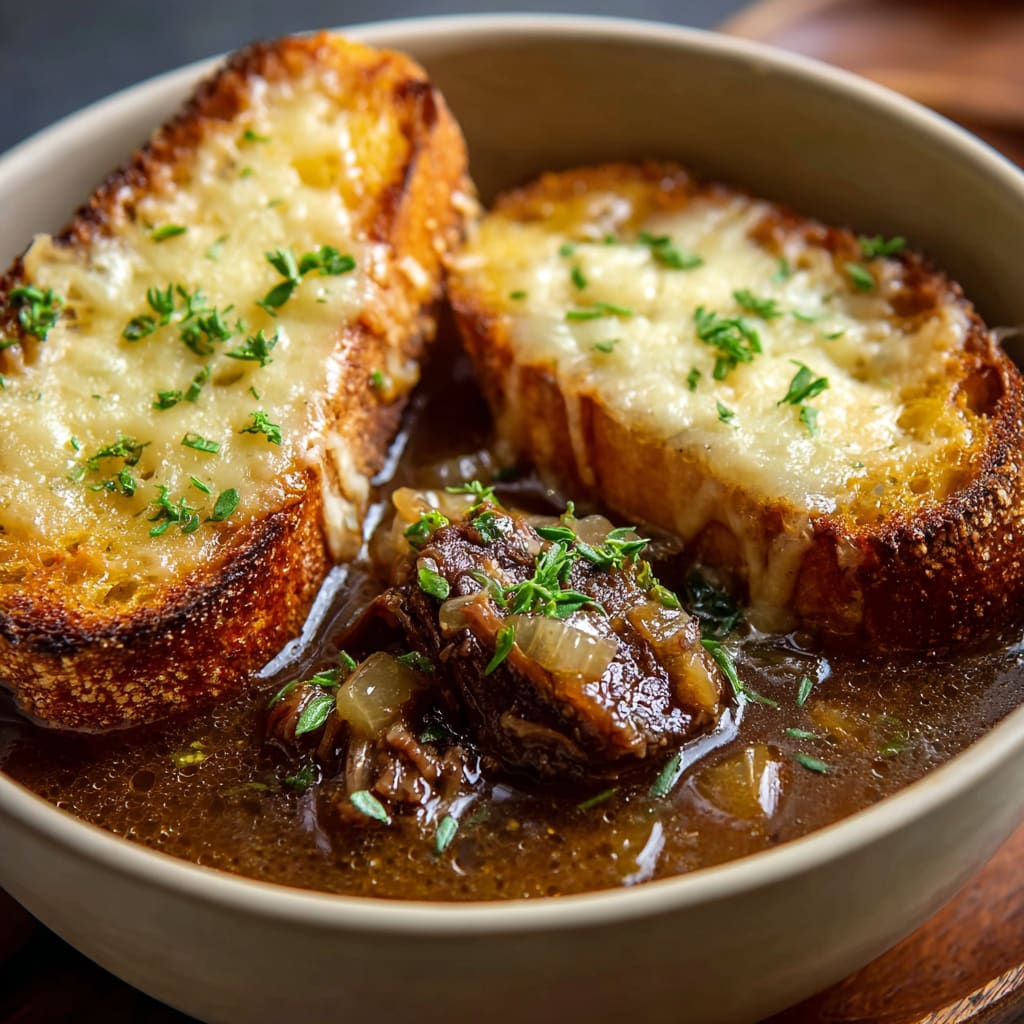 French Onion Short Rib Soup with Cheesy Gruyère Toast