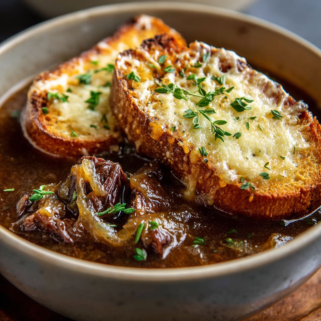 French Onion Short Rib Soup with Cheesy Gruyère Toast