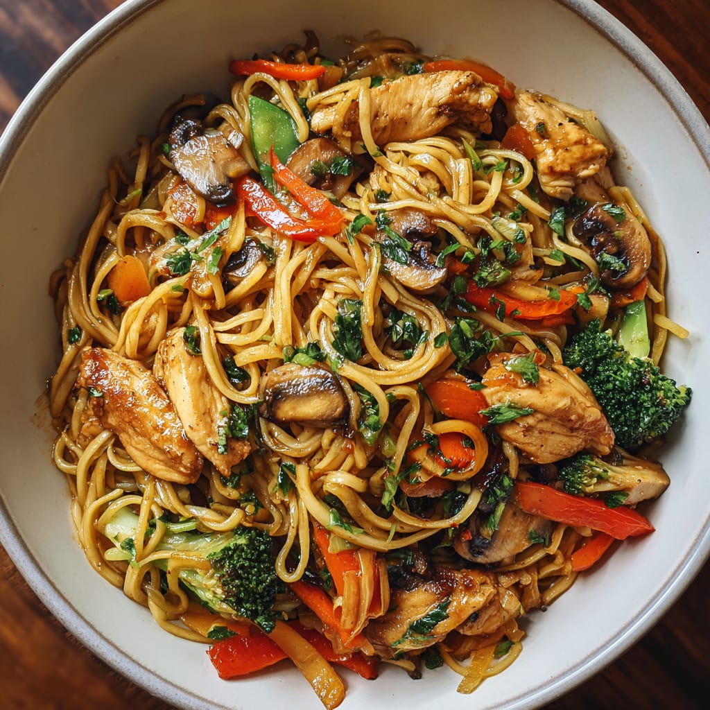 Garlic Chicken Lo Mein with Sautéed Vegetables