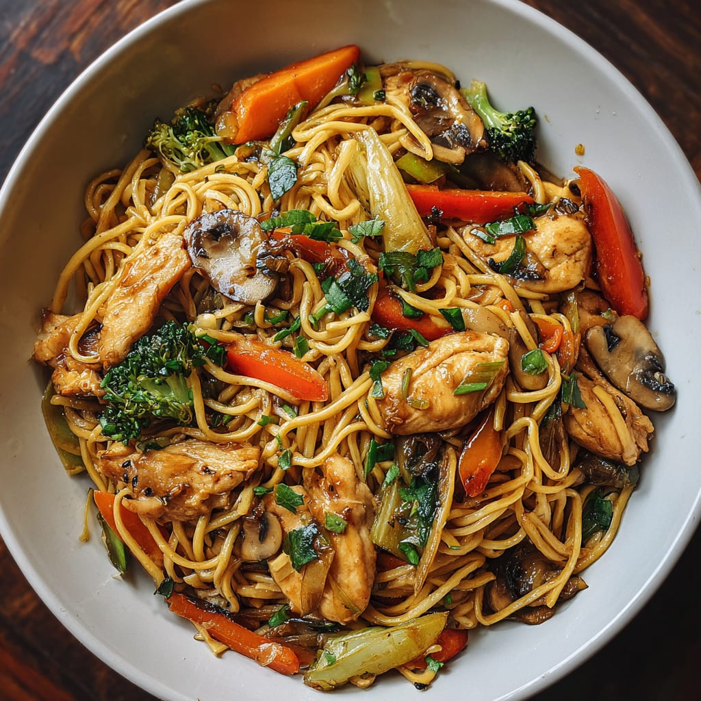 Garlic Chicken Lo Mein with Sautéed Vegetables