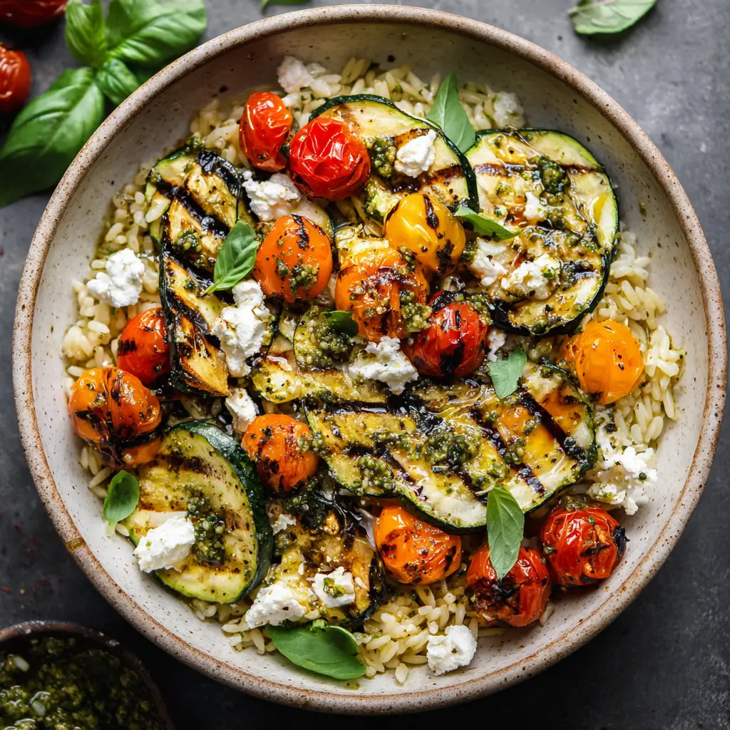 Grilled Zucchini with Orzo, Feta, and Pesto