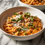 Ground Beef Orzo with Tomato Cream Sauce