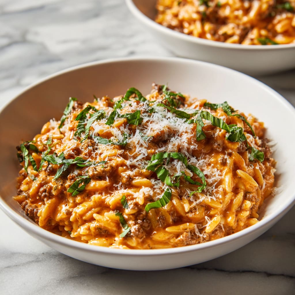 Ground Beef Orzo with Tomato Cream Sauce