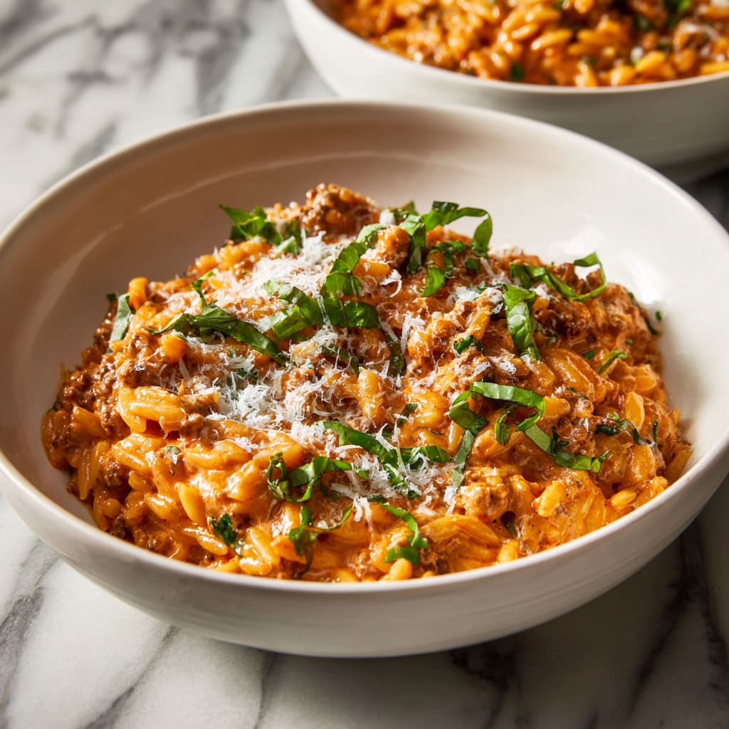 Ground Beef Orzo with Tomato Cream Sauce