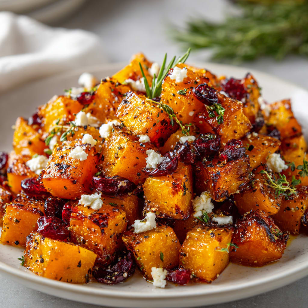 Honey Roasted Butternut Squash with Cranberries and Feta