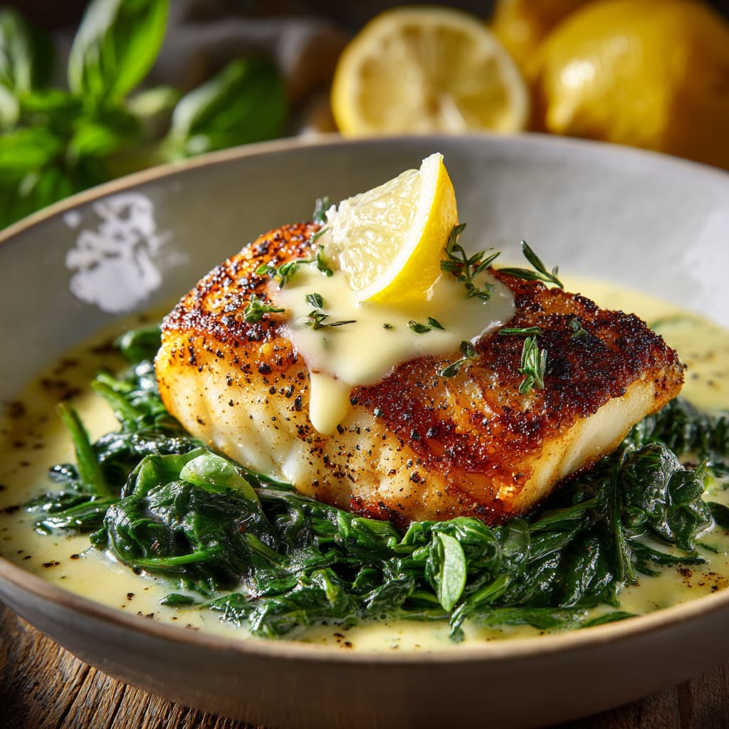 Luscious Lemon-Garlic Sea Bass with Creamed Spinach