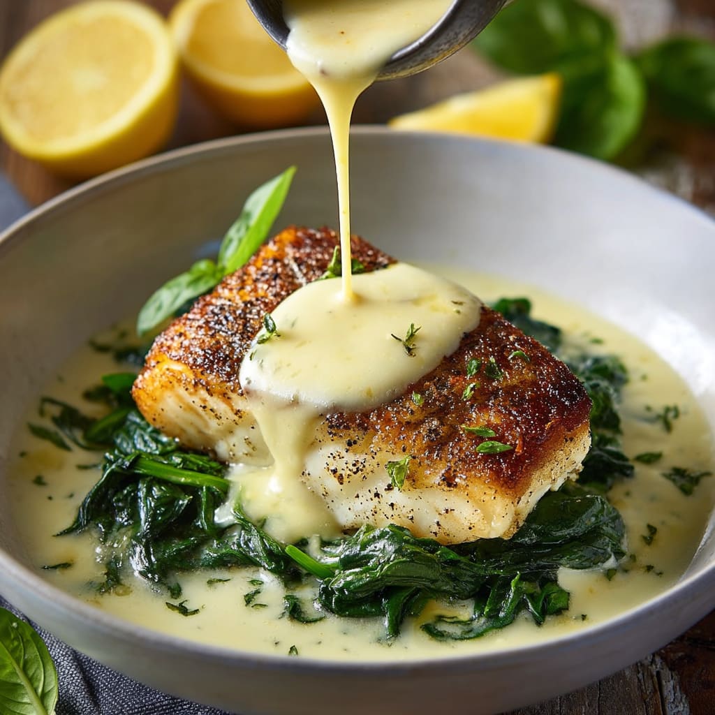Luscious Lemon-Garlic Sea Bass with Creamed Spinach