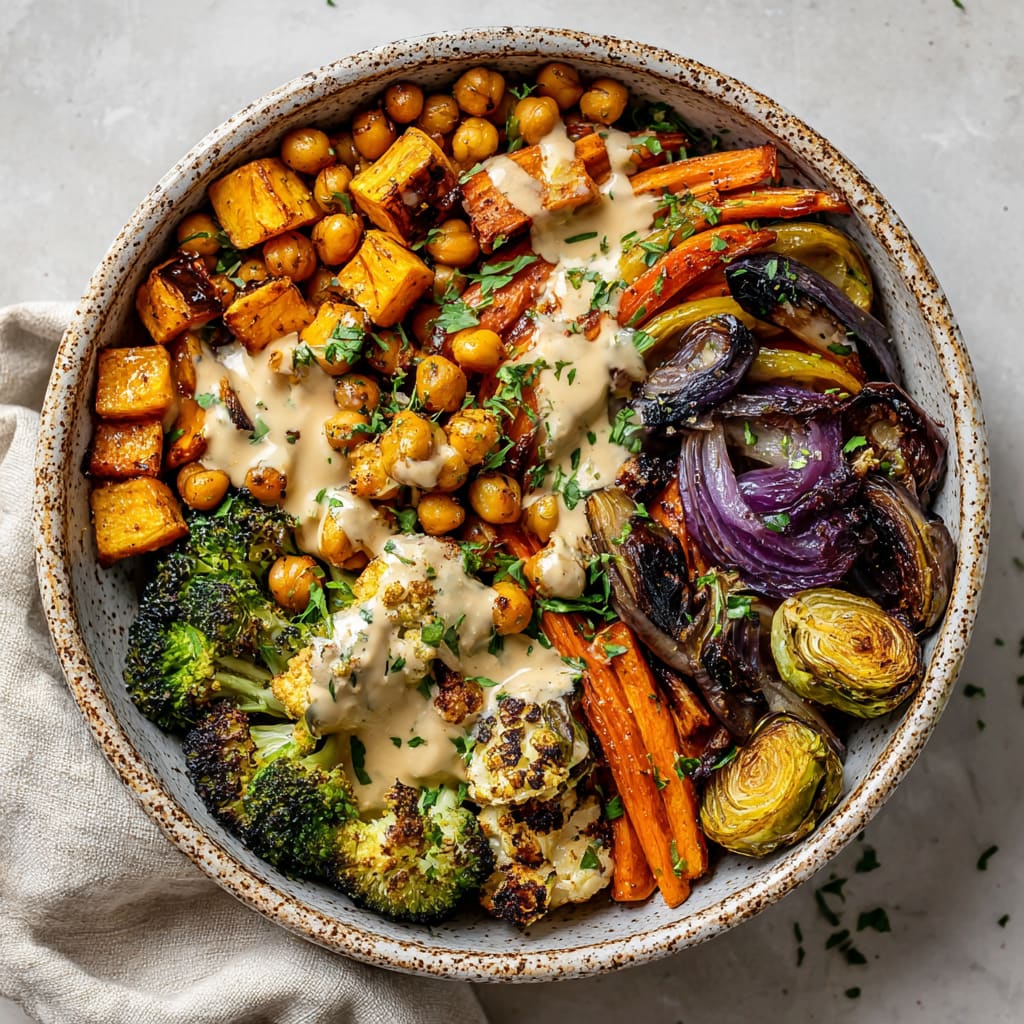 Roasted Veggie & Chickpea Bowls with Maple Dijon Tahini Dressing