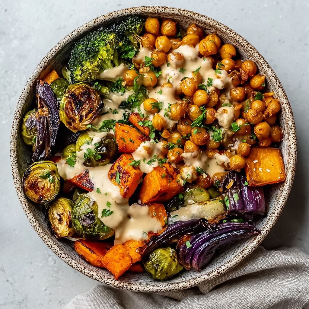 Roasted Veggie &amp; Chickpea Bowls with Maple Dijon Tahini Dressing