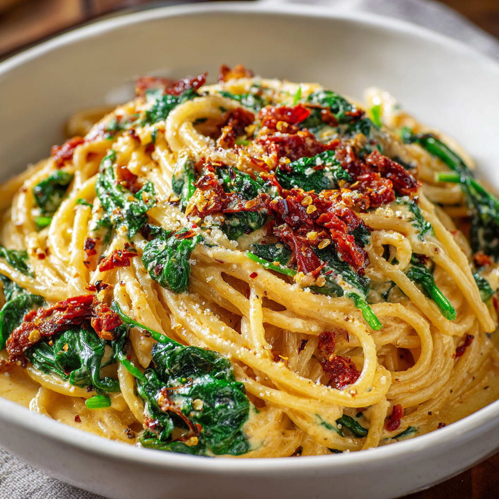 Spaghetti & Spinach with Sun-Dried Tomato Cream Sauce