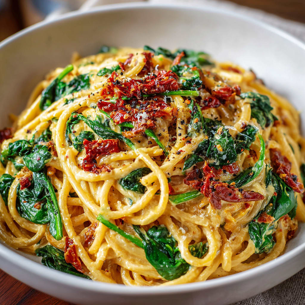 Spaghetti &amp; Spinach with Sun-Dried Tomato Cream Sauce