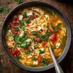 Greek Chicken Orzo Soup with Feta and Tomatoes