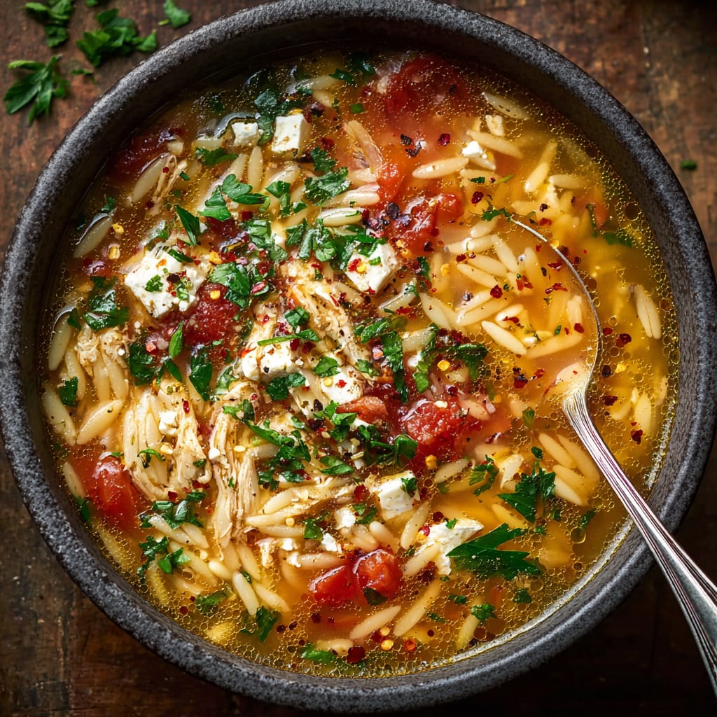 Greek Chicken Orzo Soup with Feta and Tomatoes