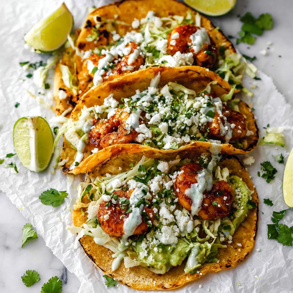 Spicy Shrimp Tacos with Garlic Cilantro Lime Slaw