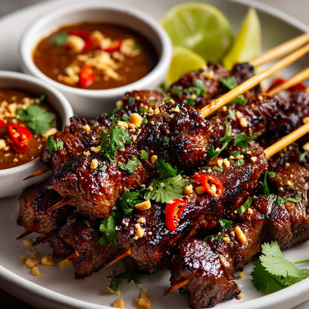 Tender Thai Beef Satay Skewers with Peanut Sauce